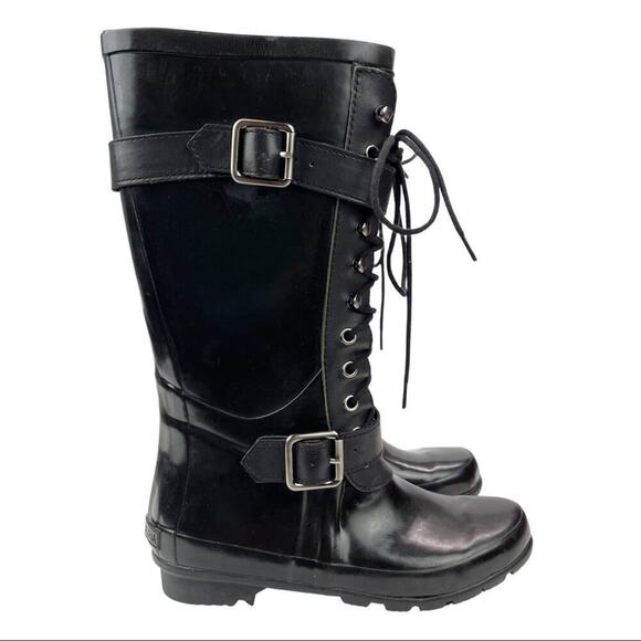 BCBGMAXAZRIA Women's Black Willis Lace Up Rubber Boots Leather Straps Size 6 - Picture 2 of 16